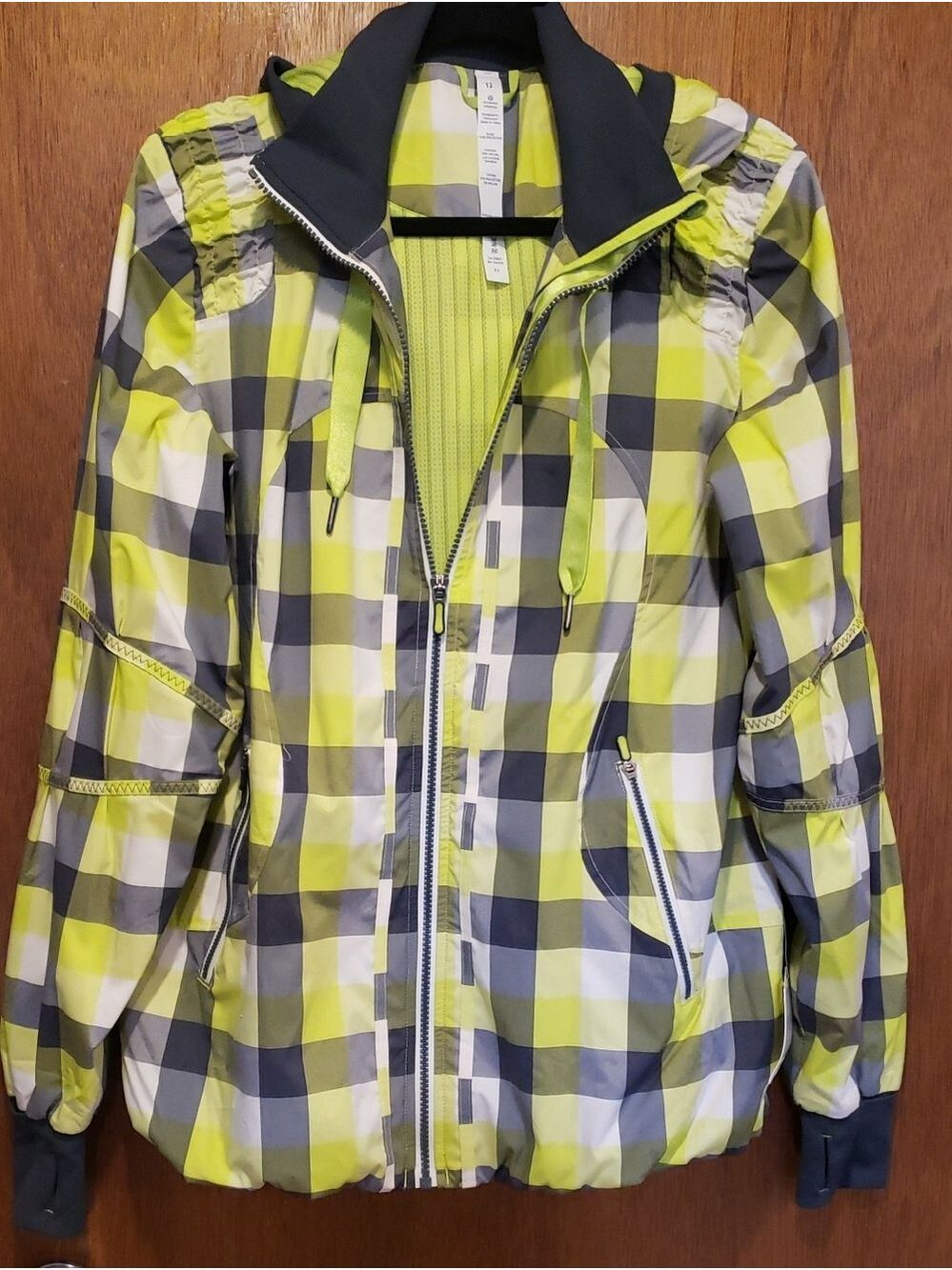 New Lululemon Athletica Citron Green& Gray Plaid Hooded Track Jacket